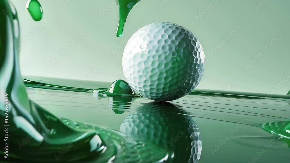 Poster a high-speed shot capturing a white golf ball splashing into vivid green liquid, creating dynamic pa