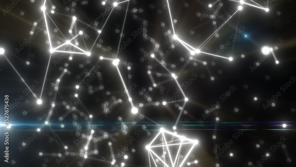 Poster glowing white network of digital lines and nodes over a dark background with sci-fi lighting and dep