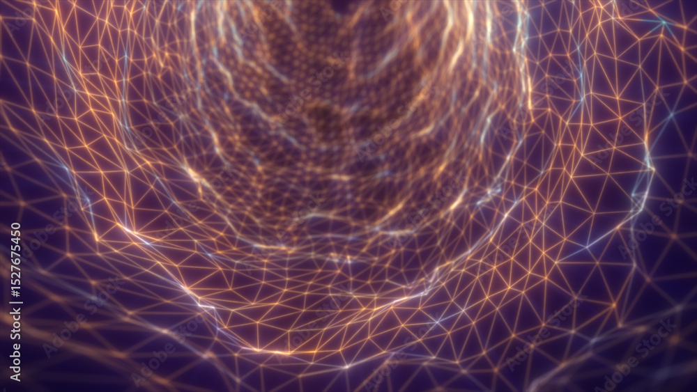 Poster abstract glowing tunnel of triangular wireframes in warm golden tones, forming a complex digital vor