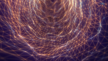Abstract glowing tunnel of triangular wireframes in warm golden tones, forming a complex digital vortex