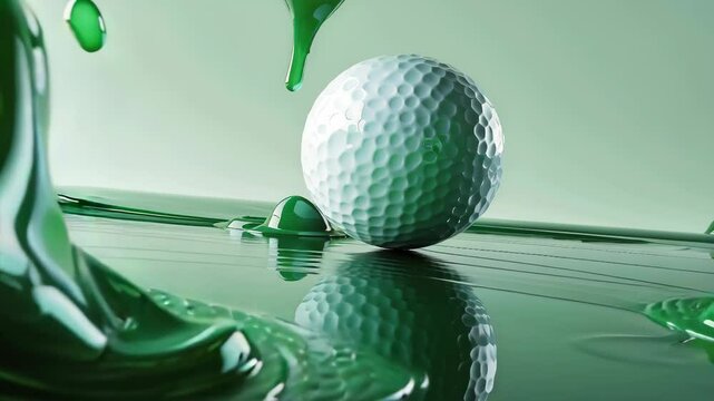 A high-speed shot capturing a white golf ball splashing into vivid green liquid, creating dynamic patterns and reflections