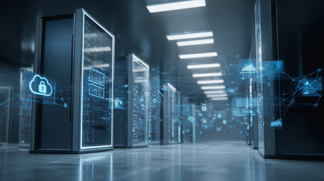 A futuristic data center with glowing servers, clean and modern designed hologram - AI generative