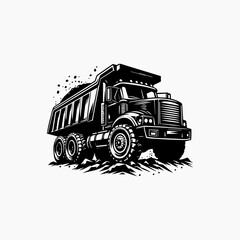 Robust construction industry logo showcasing silhouette of dump truck transporting bulk materials in dynamic style