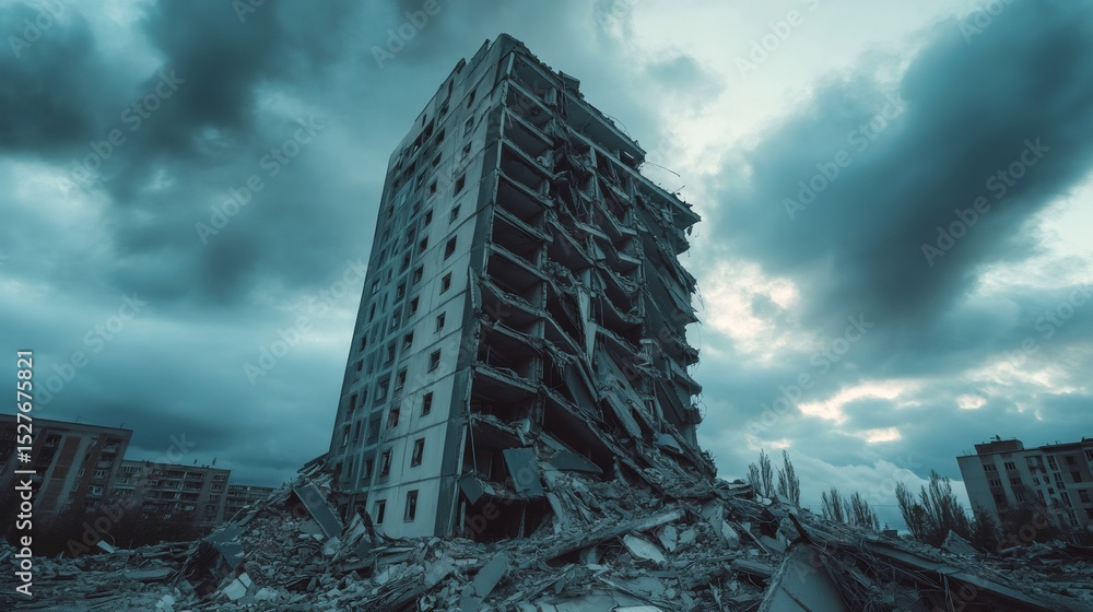 Poster partially destroyed residential building is collapsing after earthquake with dramatic cloudy sky in 