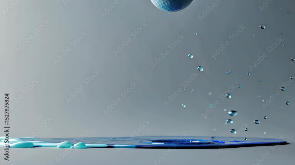 Poster a close-up view of a spherical object making contact with water, creating splashes and ripples with 