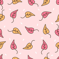 cute hand drawn seamless vector pattern illustration with autumn leaves on pink background