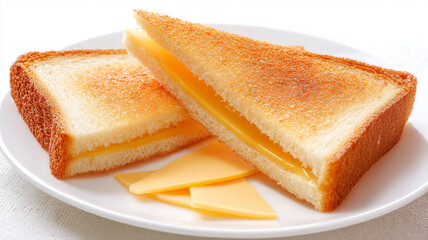 Plate of bread slice with triangle of tasty processed cheese on white background