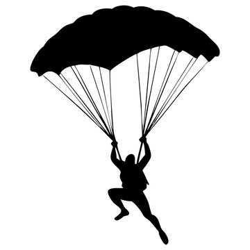 A man descending with parachute full black silhouette vector illustration design