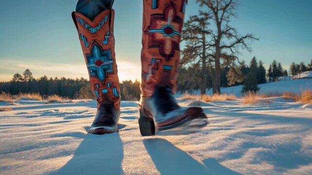 A close-up view of intricately designed boots in vibrant colors, standing on a snow-covered landscape with a sunset in the background