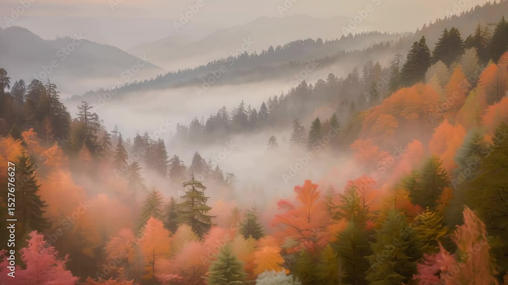 Poster Panoramic view of serene autumn forest with mist enveloping colorful trees at dawn