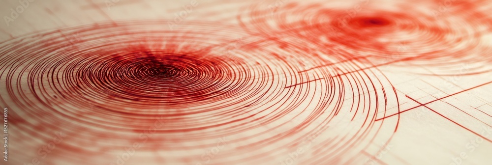 Poster Red concentric circles represent seismic waves spreading from the epicenter of an earthquake, creating a visual representation of geological activity and ground shaking