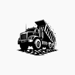 Bold monochrome dump truck vector logo in motion carrying construction materials with heavy-duty aesthetic