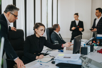 Business people working together in a collaborative office environment, engaging in discussion and teamwork, conveying modern corporate culture and workplace dynamics.