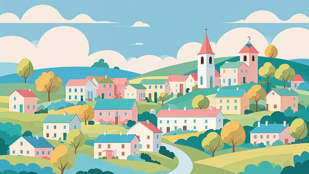 Colorful illustration depicting a quaint european village nestled amongst rolling hills under a bright sky.