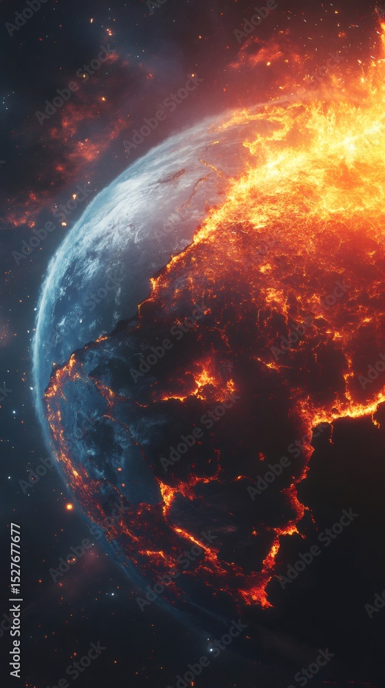 Poster planet earth is burning in space, showing cracks and lava flows, representing seismic waves and eart