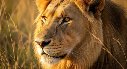 Fototapeta premium Majestic African Lion Portrait Golden Hour in the Savannah