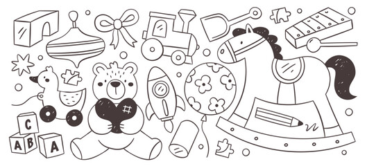 Toys for children games, baby shower greeting postcards prints hand dawn line sketch isolated set