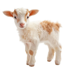 Obraz premium Cute young goat stands with curiosity in a bright environment, showcasing its fluffy white and brown fur