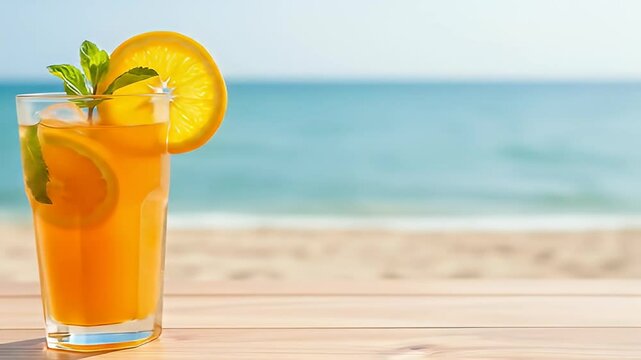Tropical Orange Juice with Mint on Wooden Table at Beach with Clear Teal Sea Water Background on Sunny Day for Adobe Stock