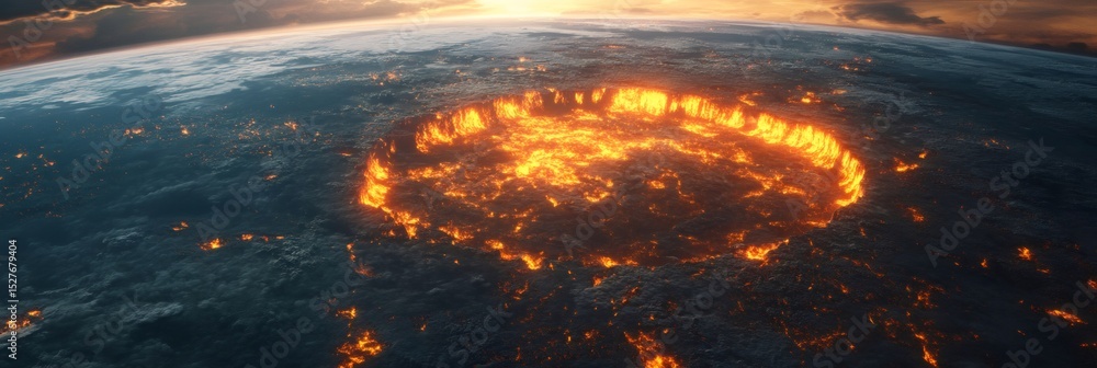 Poster Seismic waves spreading from the epicenter of a powerful earthquake on a planet surface during sunset, causing widespread destruction and fiery cracks in the ground
