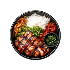 Fototapeta premium Delicious Korean BBQ Pork Belly Bowl with Rice, Kimchi, and Edamame