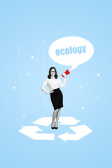 Template sketch image composite artwork collage of young lady stand speech cloud ecology conservation world environmental awareness care