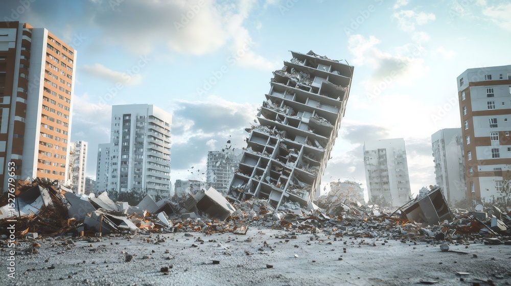 Poster powerful earthquake devastates a city, causing buildings to collapse, creating widespread debris and