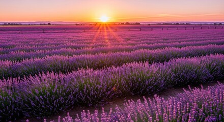 Fototapeta premium Sunrise over Lavender Fields A Serene and Colorful Landscape