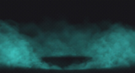 Blue Smoke effect on transparent dark background. Fog cloud above the floor surface with an empty spot