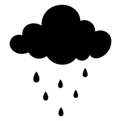 Rain is coming. Cumulus cloud and drops. Silhouette. Vector illustration. Isolated white background. Black curly cloud, beginning of shower. Doodle style. Idea for web design.