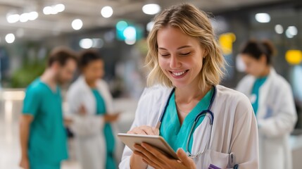 Healthcare professional smiles while using tablet in busy hospital environment during daytime