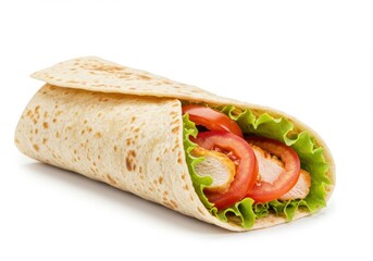 Chicken wrap with lettuce and tomato isolated on white background