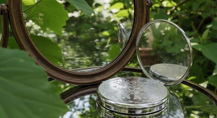 Naklejka premium Antique mirror and powder compact outdoor