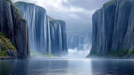 Fototapeta premium Misty Fjord Valley with Waterfalls