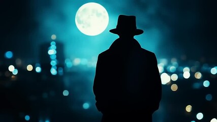 Night city with lone figure, and moonlit mystery.
