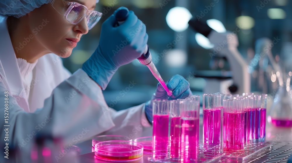 Aufkleber scientist conducts experiments with colorful liquid samples in a modern laboratory setting during ev