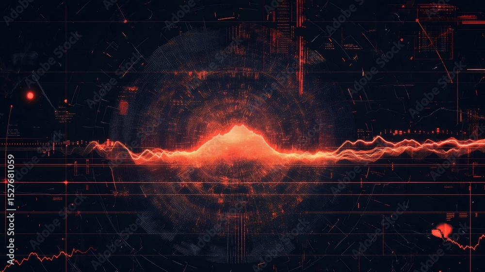 Aufkleber Complex digital interface displaying seismic wave propagation from the epicenter during an earthquake simulation, providing valuable data for geological analysis and disaster preparedness