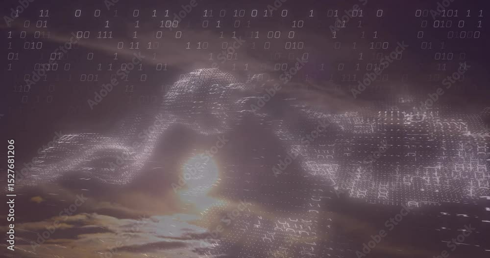 Poster drifting binary digits coalescing into orb cluster forming wave cresting right, visualizing data