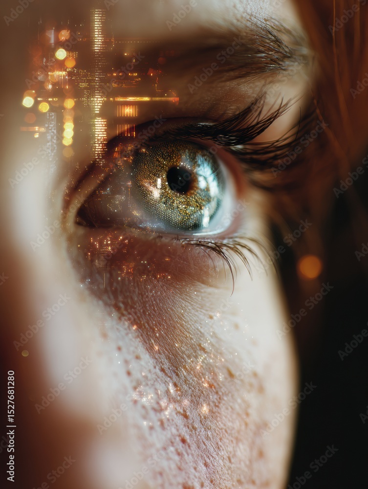 Poster close-up of a glowing human iris with a futuristic overlay in a visually striking composition