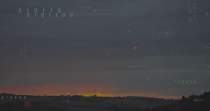 Sunset horizon initiating glow then binary digits rising and code cascading visualizing data