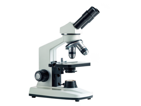 microscope white background optical instrument used to magnify small objects for scientific analysis research tool lab equipment close-up transparent background
