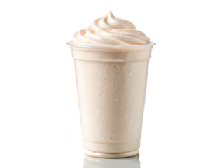 milkshake cup white background tall disposable cup filled with blended milkshake topped with whipped cream dessert drink with straw transparent background