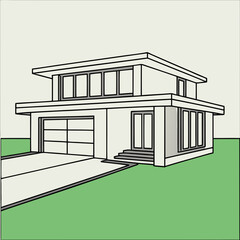 Modern house architectural line drawing illustration