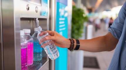 Person refilling a water bottle with colored beverages at a refreshment station during daytime