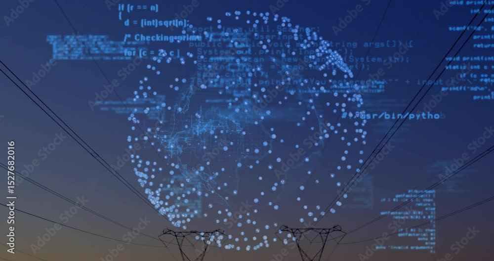 Poster code glitching initiating globe rotating nodes shifting and code streaming revealing dusk landscape