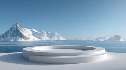 Circular Arctic Window Podium: 3D Rendered Minimalist Design for Product Showcase | Detailed Mountain-Sea View in White Background