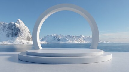 Circular Arctic Window Podium: 3D Rendered Minimalist Design for Product Showcase | Detailed Mountain-Sea View in White Background