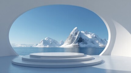 Circular Arctic Window Podium: 3D Rendered Minimalist Design for Product Showcase | Detailed Mountain-Sea View in White Background