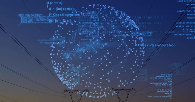 Code glitching initiating globe rotating nodes shifting and code streaming revealing dusk landscape