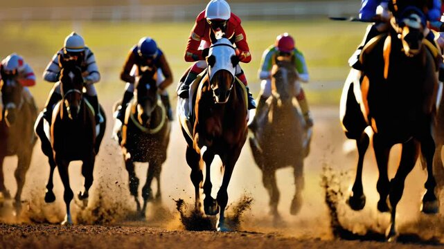 A dynamic action shot of a group of jockeys racing on thoroughbred horses along a dirt track.